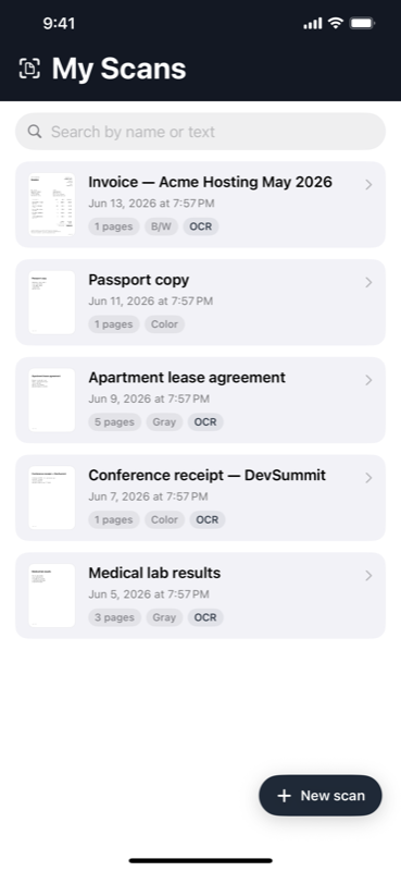Simple Scanner list of scans on iPhone