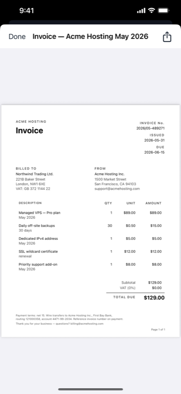 Simple Scanner viewing a scanned invoice